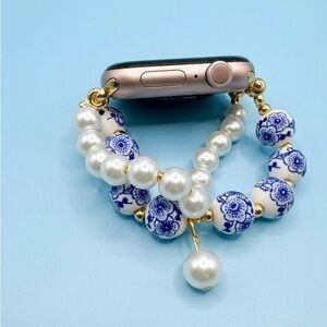 Pearl and Blue Floral Beaded Apple Watch Band
